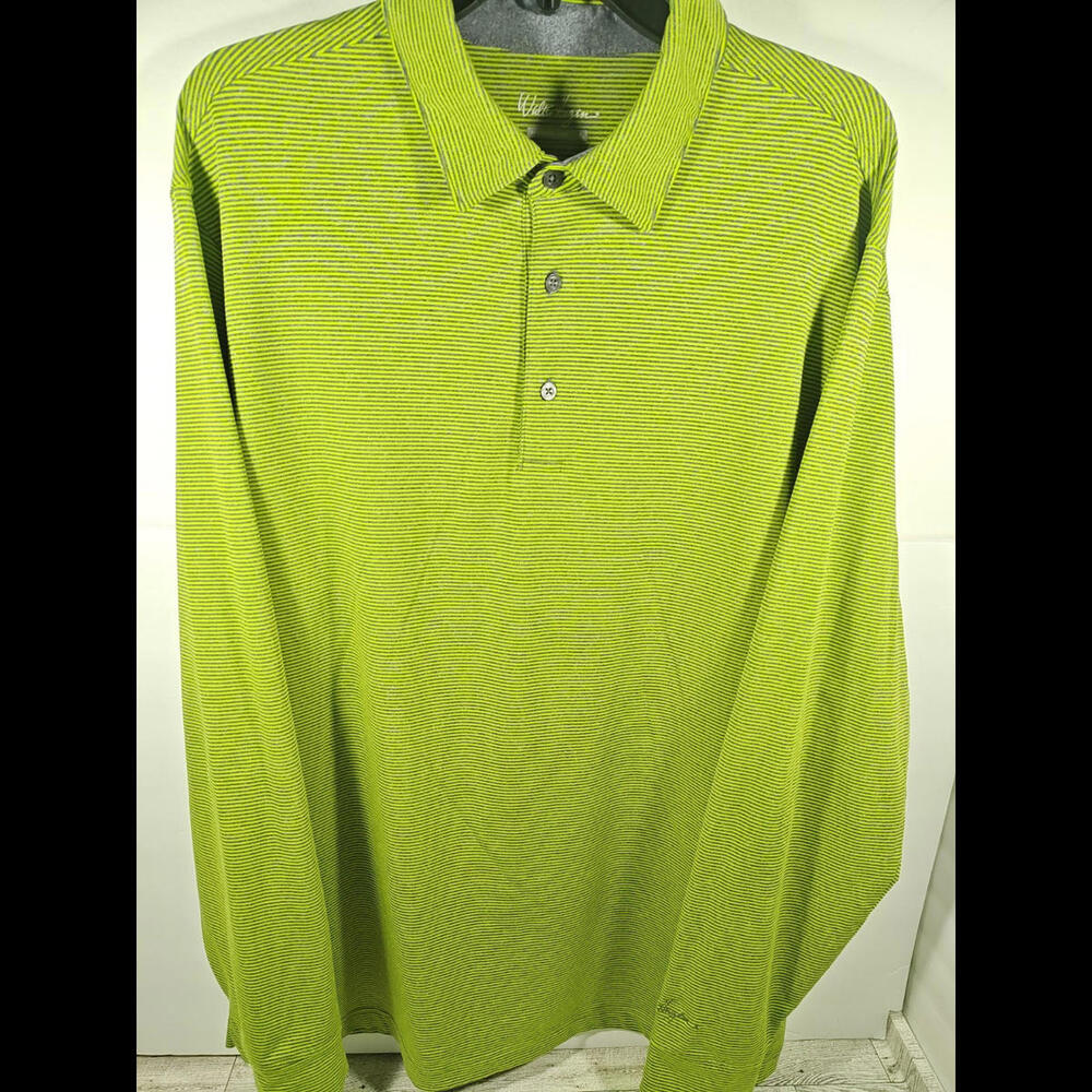 Walter Hagen Golf Shirt Men's Large Green Striped Hydro Dri Long Sleeve Polo